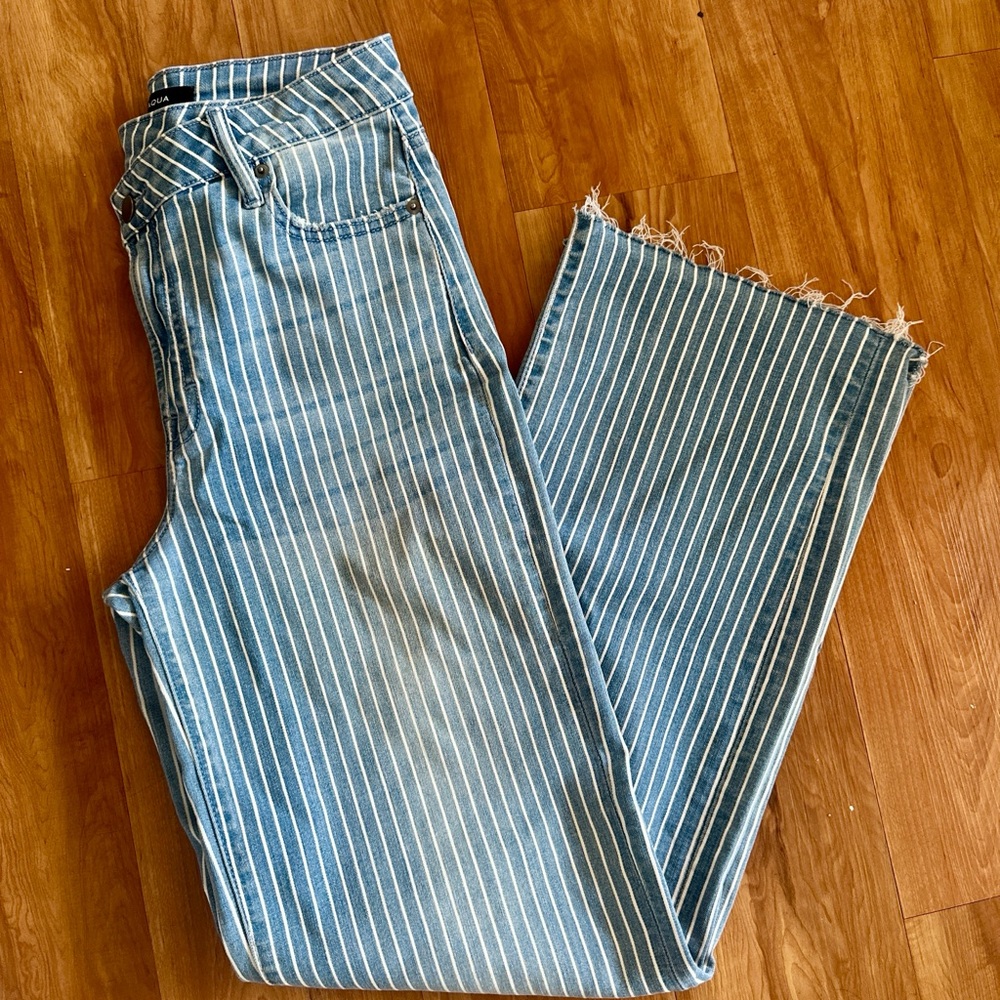 Aqua Striped Cuffed Dad Jeans in Medium Wash - 26